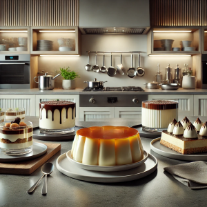 DALL·E 2024-08-28 14.14.35 - A realistic kitchen scene featuring a variety of beautifully prepared desserts on a modern countertop. The desserts include flan, tiramisu, and rice p